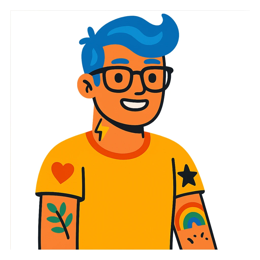 character with blue hair, glasses, and tattoos sticker