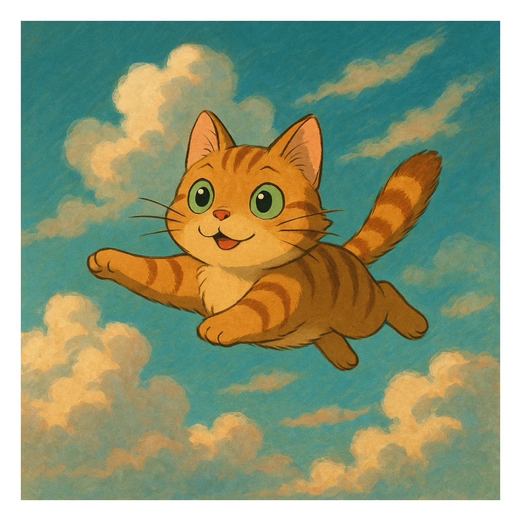 flying cat with expressive eyes in a dreamy sky background in ghibli style sticker