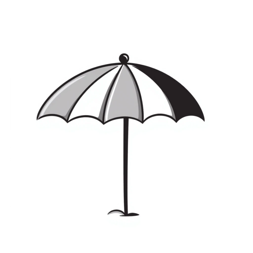 A beach umbrella with stripes in pastel colors (dd9fb0, ffc6d3, a3bfc9, c4bee2, f1b091), hand-drawn doodle style sticker