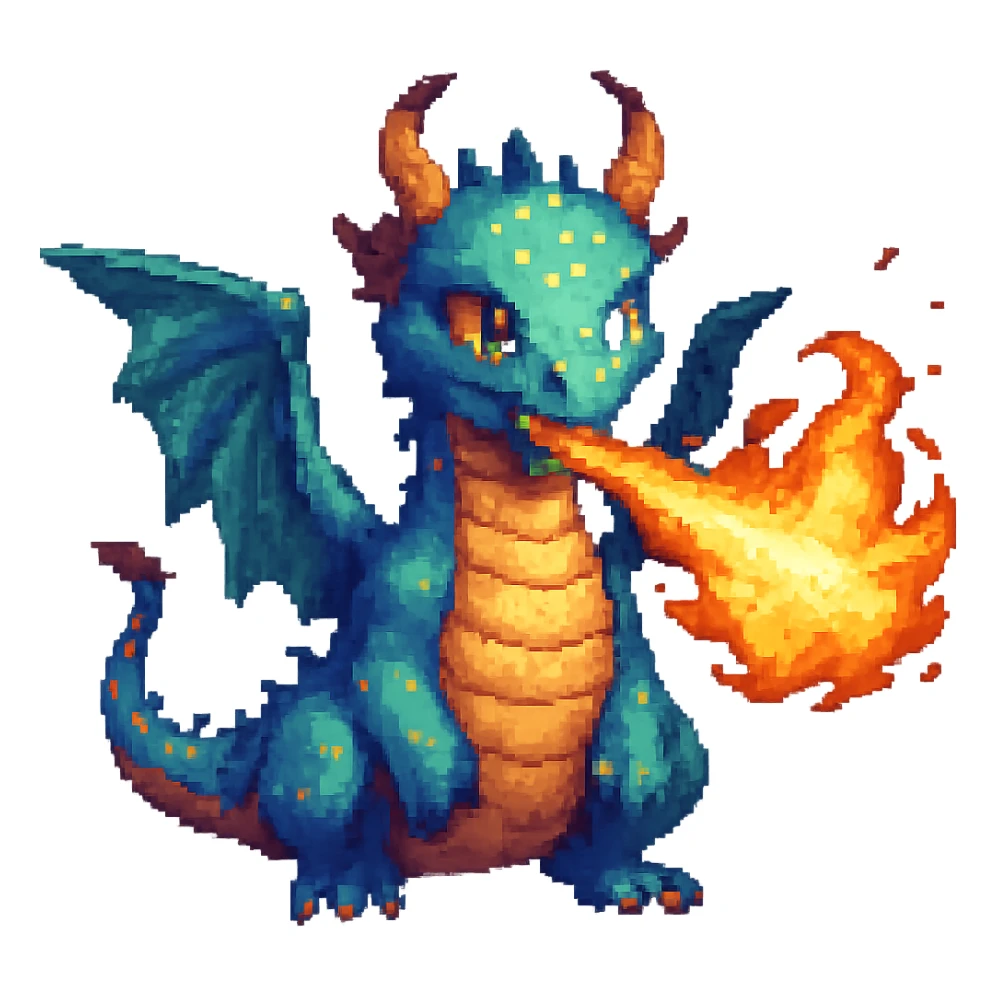 Add fire breath to the cartoon dragon in pixel art style, no background, keep pixel art aesthetic and details. sticker