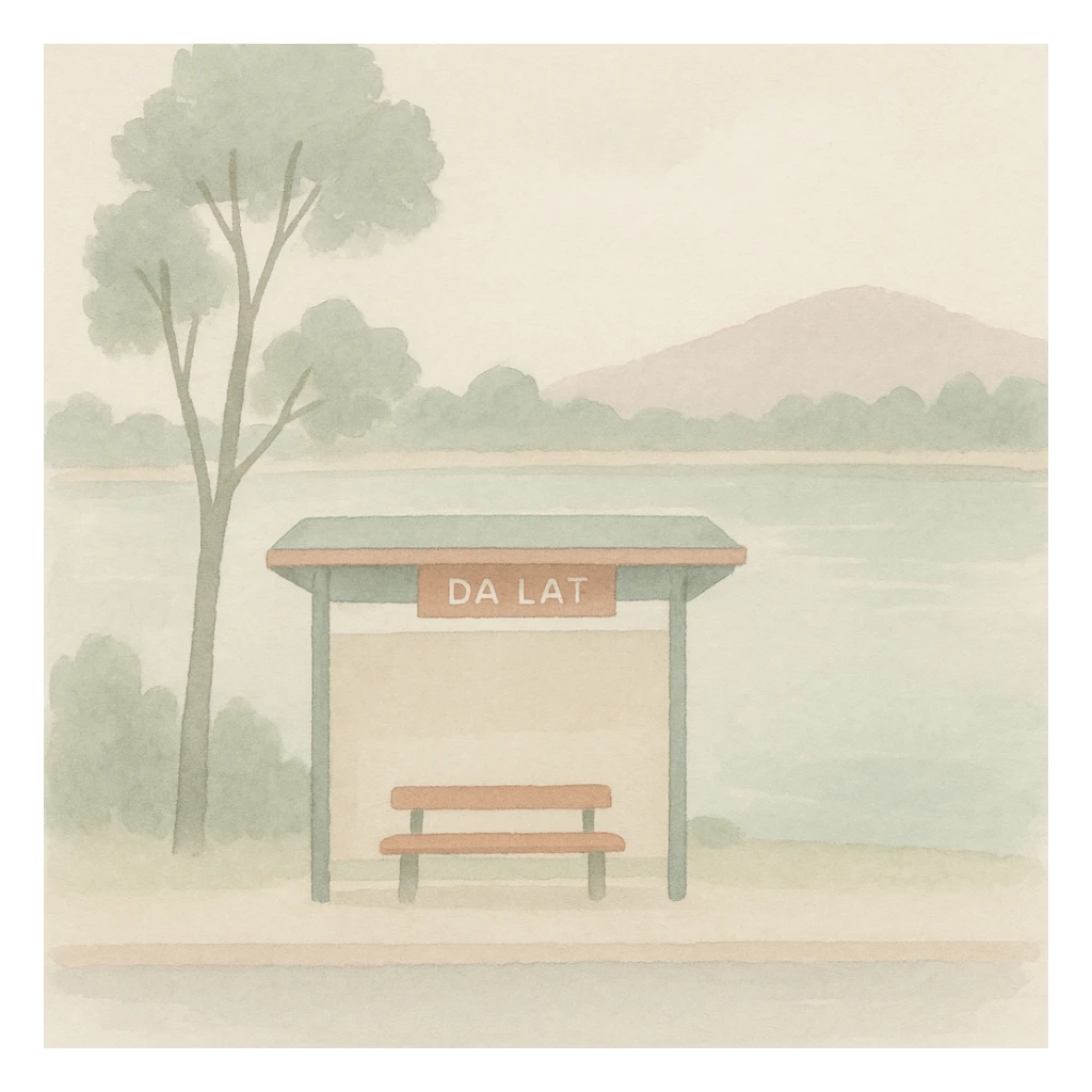 soft watercolor illustration in a minimalist, modern style, bus stop in Da Lat next to Lake Xuân Hương, pastel colors, delicate linework, gentle whimsical mood, minimal soft shading sticker