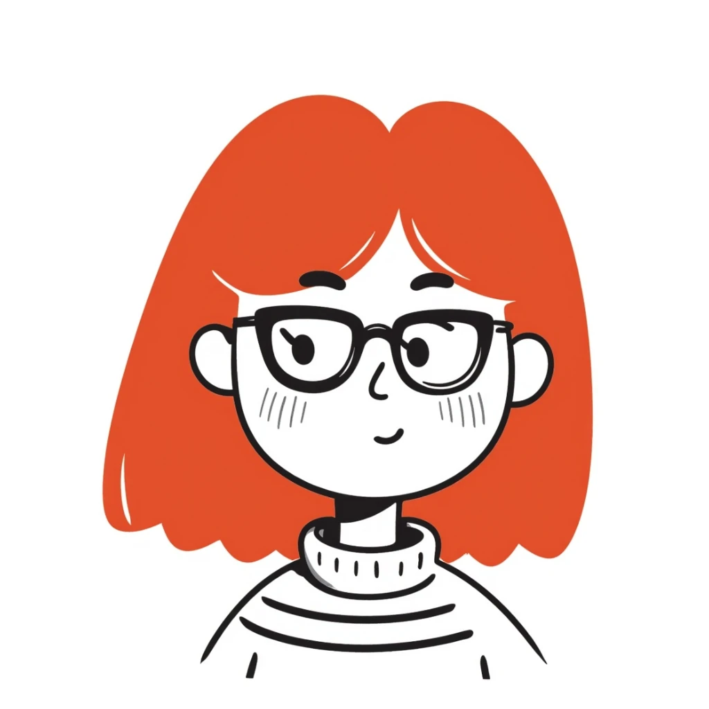 A red-haired girl with blond eyebrows and square glasses sticker