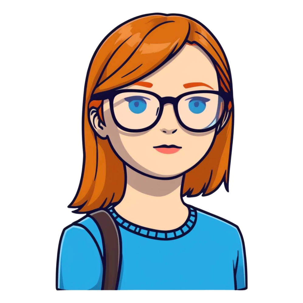 woman with pale skin, ginger straight hair, black glasses, blue eyes sticker