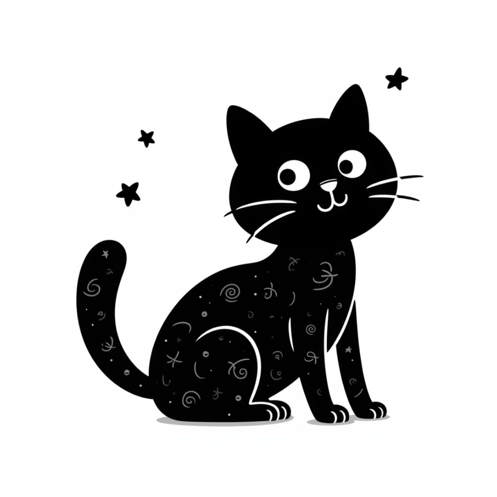 hand drawn cat with stars and swirls, doodle style sticker