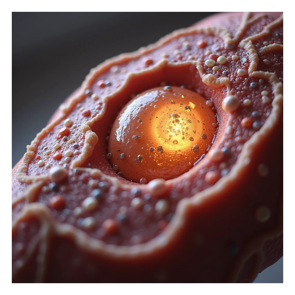 hyperrealistic 4K illustration of a human muscle cell with fatty acids transported into mitochondrion via carnitine, anatomical and molecular details sticker