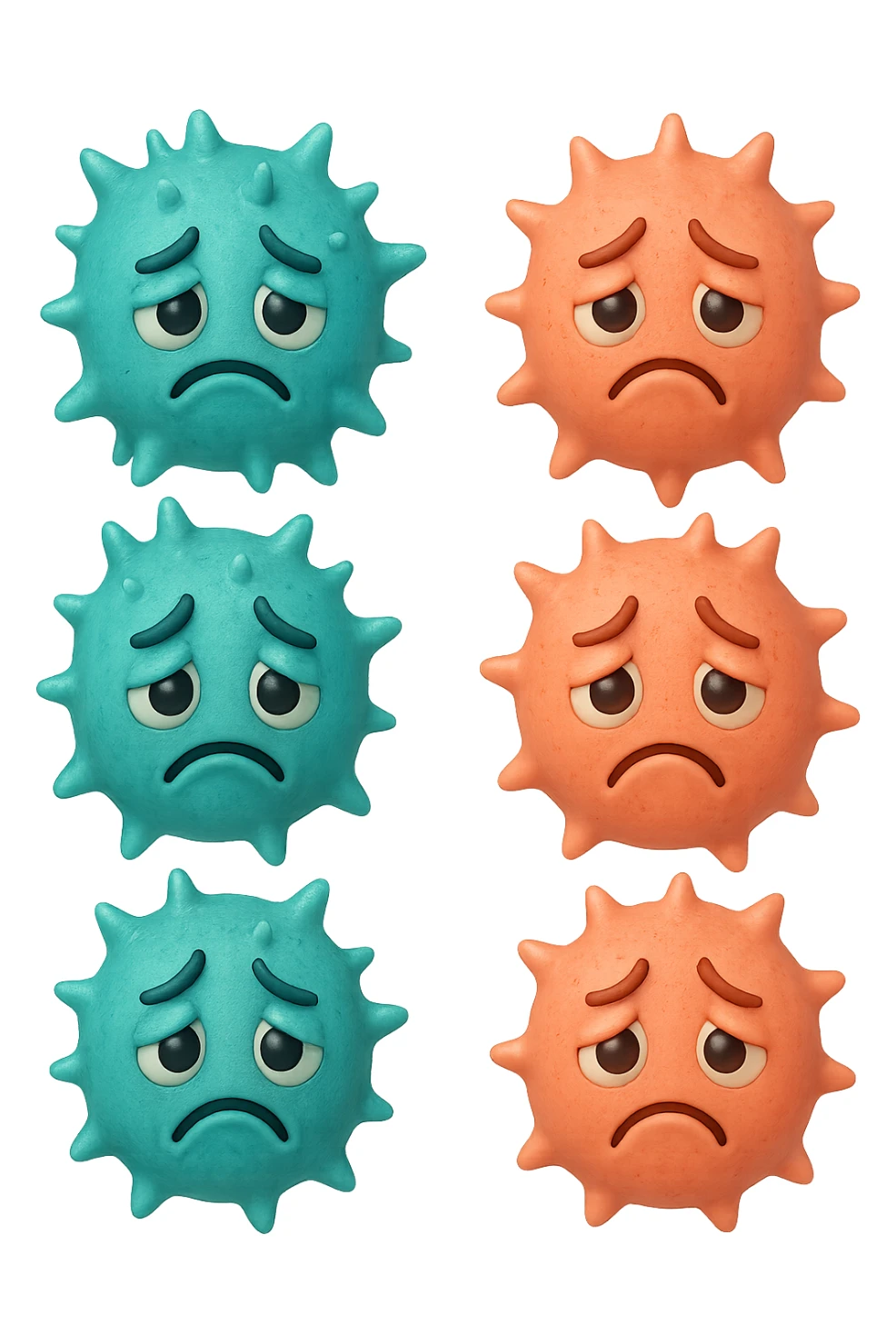 EMOJI STILE IPHONE DI 3 BATTERI INTESTINALI turchesi tristi e 3 batteri intestinali rosa salmone tristi CHE FLUTTUANO IN ARIA IPERREALISTICO 4K sticker