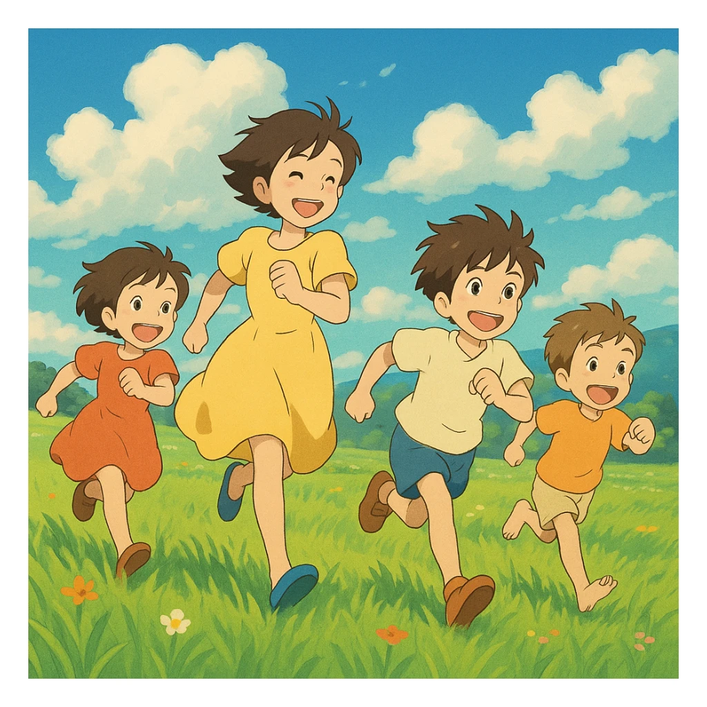 ghibli style kids running in a field sticker