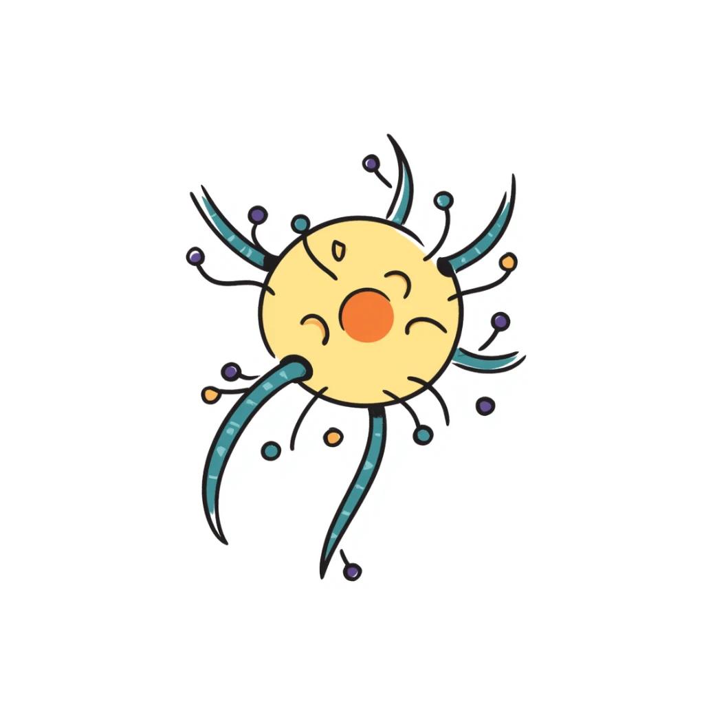 Neuroprotective mechanism illustration: central yellow neuron with orange cell body, blue dendrites, and long green axon, surrounded by supportive glial cells in purple and protective molecules shown as small colored shields. Hand-drawn anatomical diagram with detailed cellular components. sticker