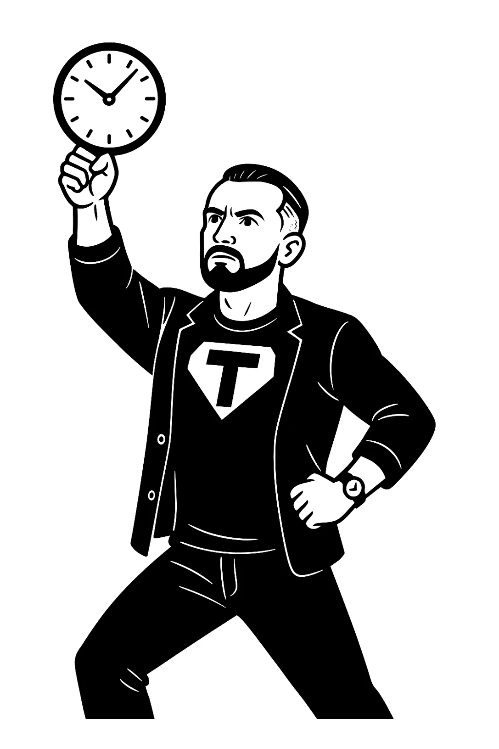 Черное-белая стилистика как на картинке, на которой герой в позе Супермэна с большой буквой Т на груди несет вперед циферблат, прозрачный фон sticker