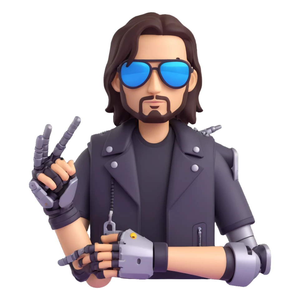 Johnny Silverhand, cyberpunk rockstar with a robotic arm, sunglasses, and a rebellious attitude, 3D emoji style sticker