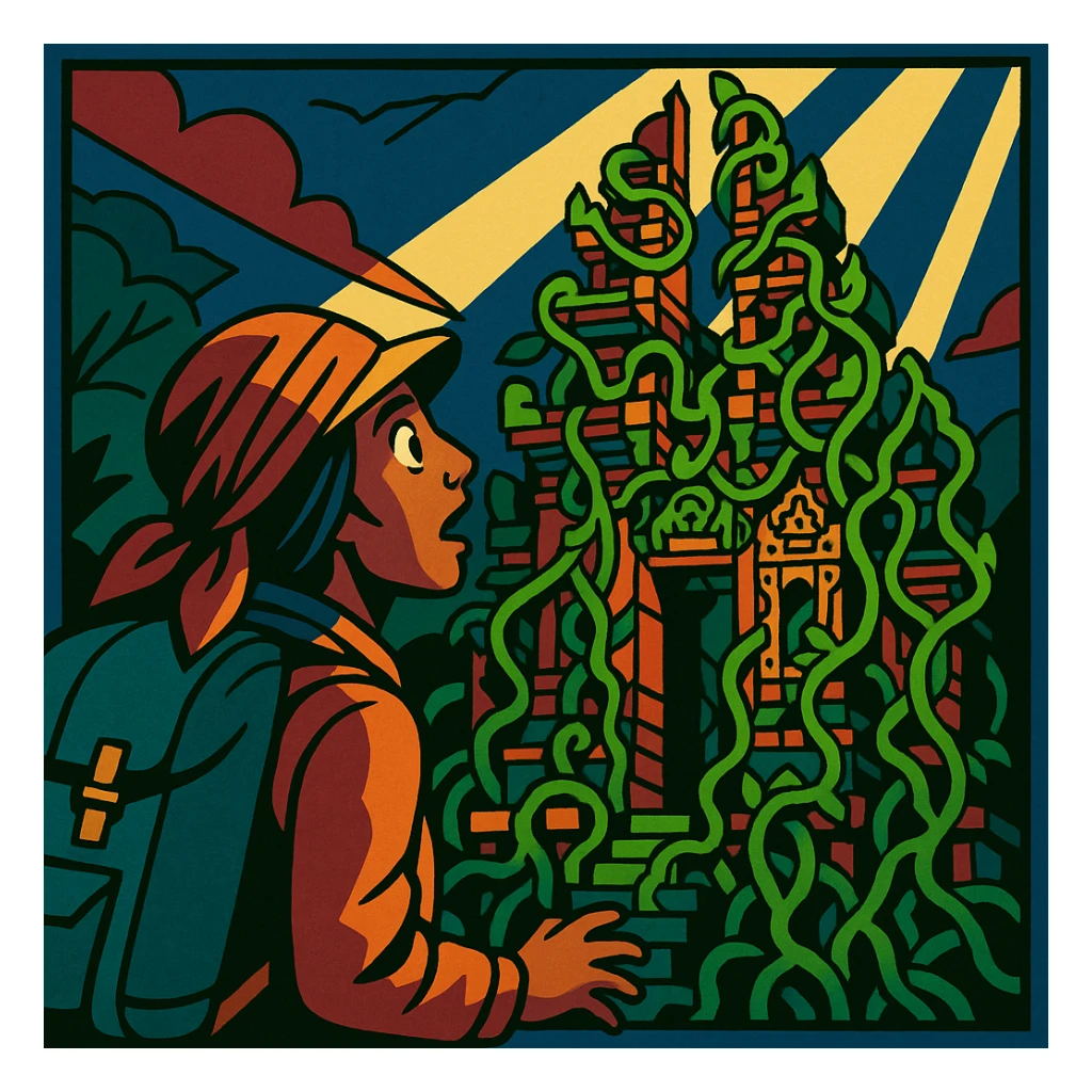 comic book panel 3: the nomad finds an ancient Balinese temple covered in vines, dramatic lighting, awe and wonder on their face, intricate details, comic book style sticker