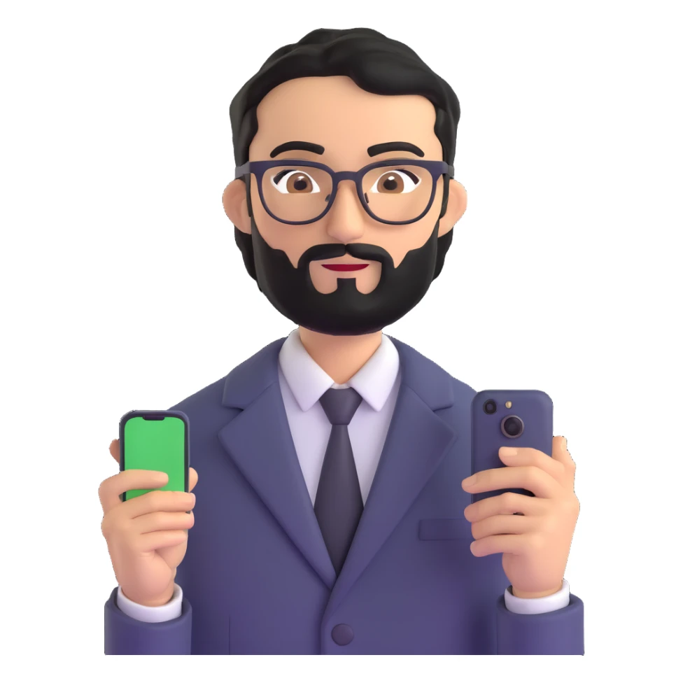 same professional man with medium black beard, neat black hair, connected unibrow, olive tan skin, brown eyes, glasses, prominent nose, dressed in formal black jacket, with mobile phone sticker