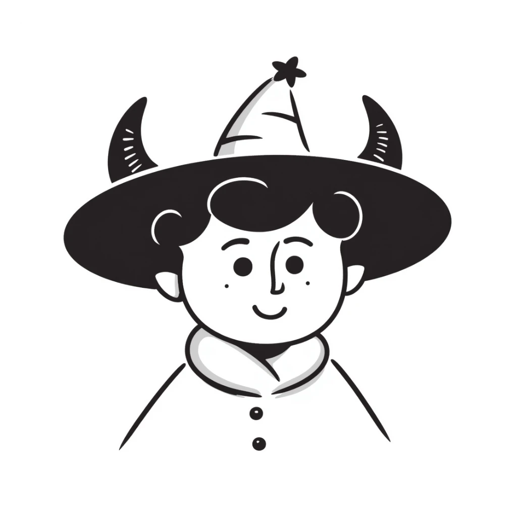 smiling demon with a big hat that has holes for its horns sticker