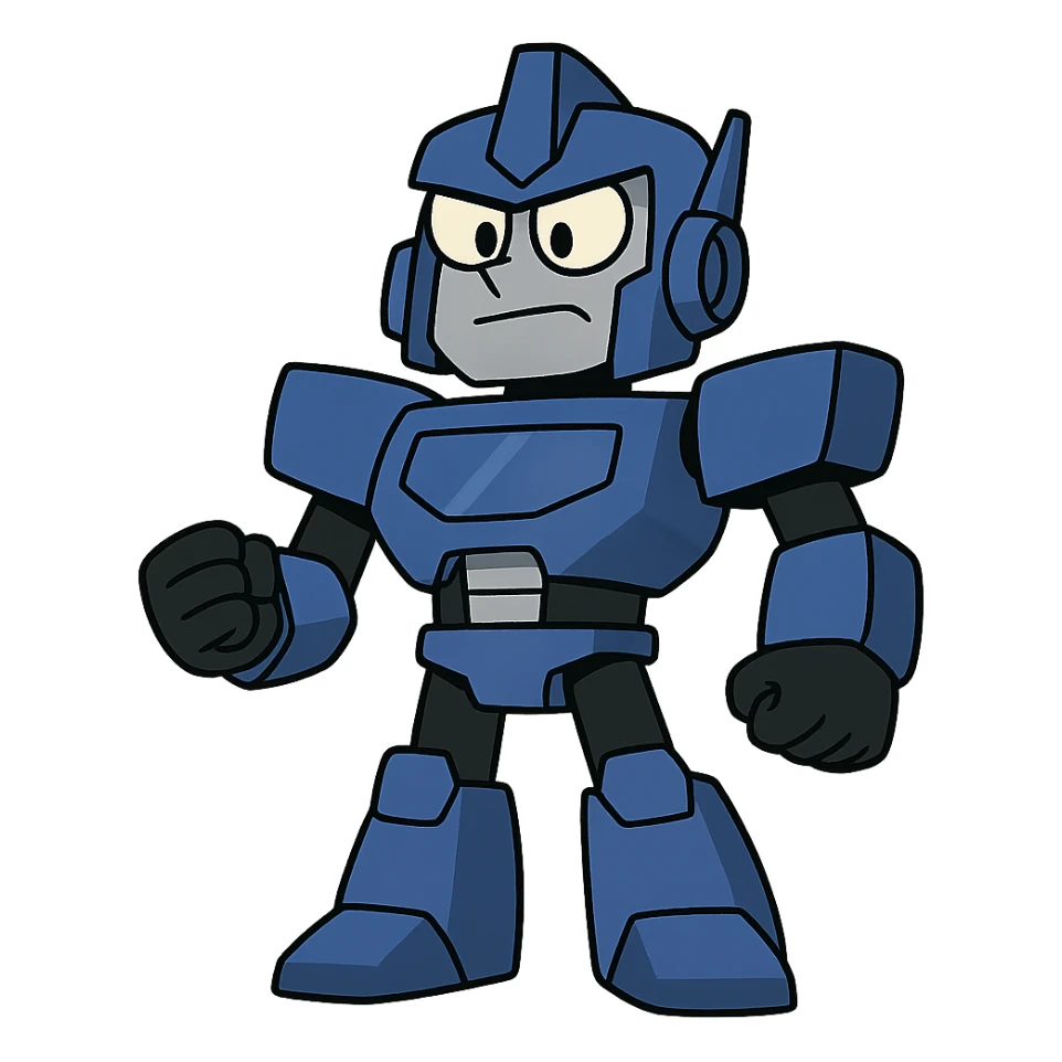 simple cartoon transformer robot in royal blue, black, silver, animated look sticker