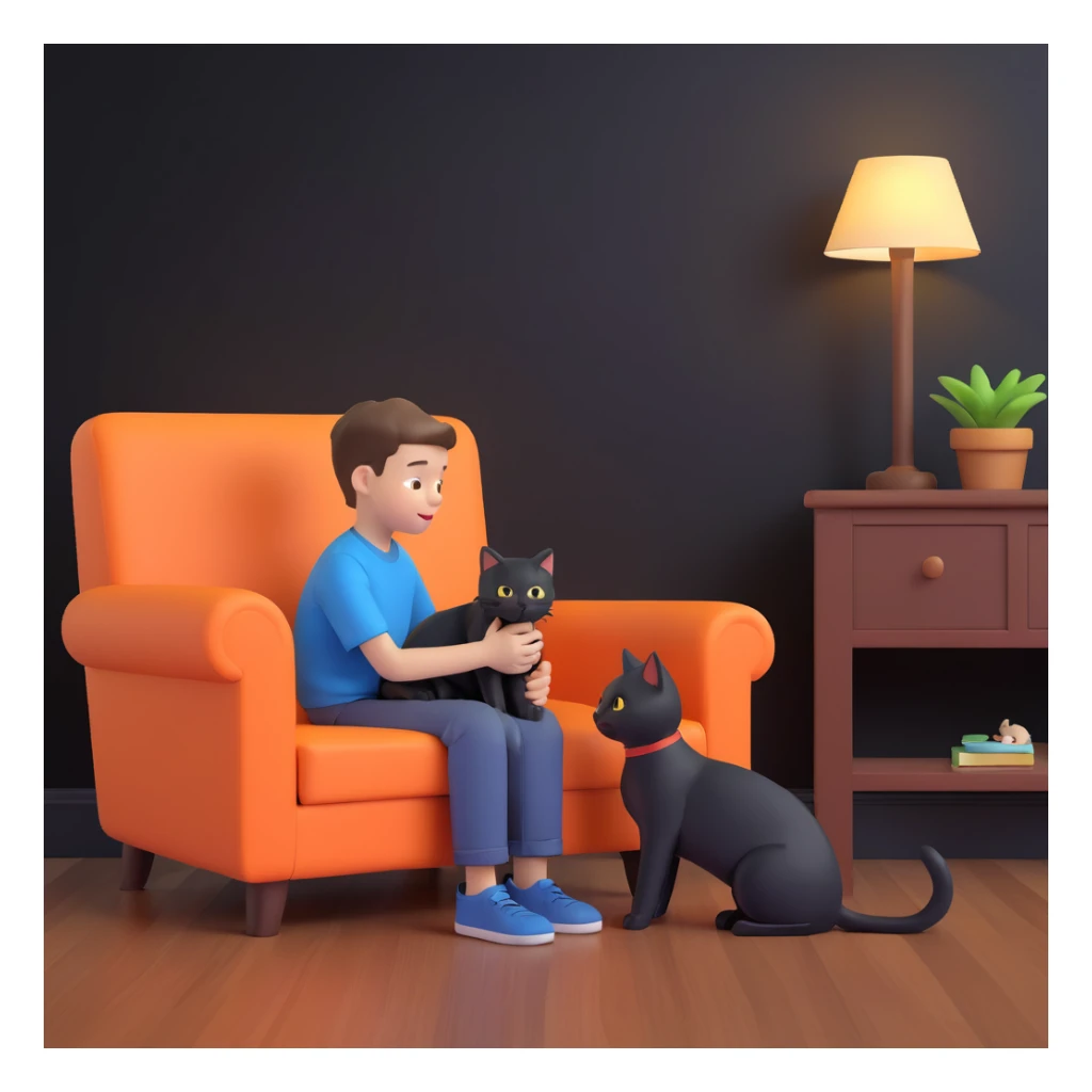 boy and cat pet, living room background sticker