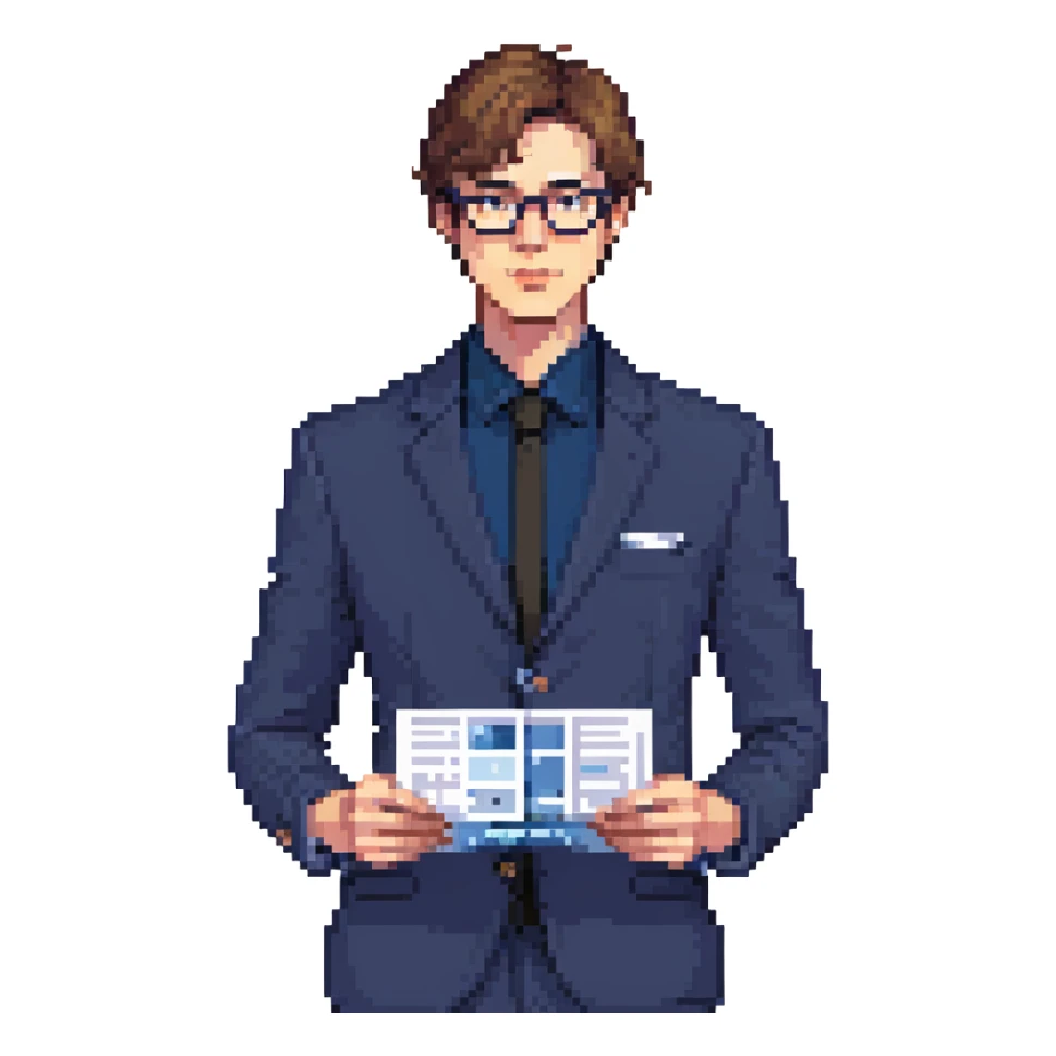Flat pixel art, focused and reserved male architect, American, Caucasian features, short sleek brown hair, wearing glasses, wearing a deep indigo suit jacket over a black shirt, holding a blue print, waist-up, front-facing sticker