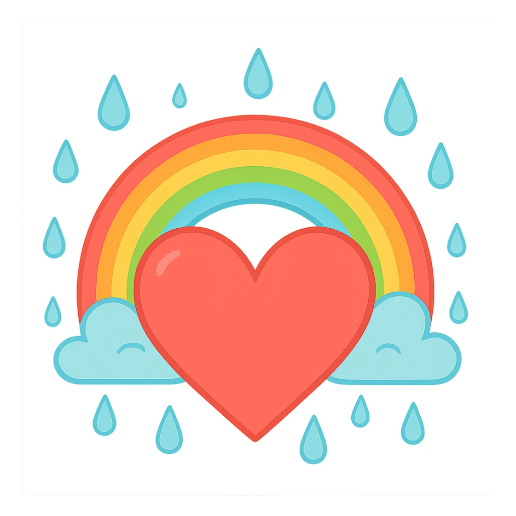 heart with a spring rain and rainbow theme, clean digital illustration sticker