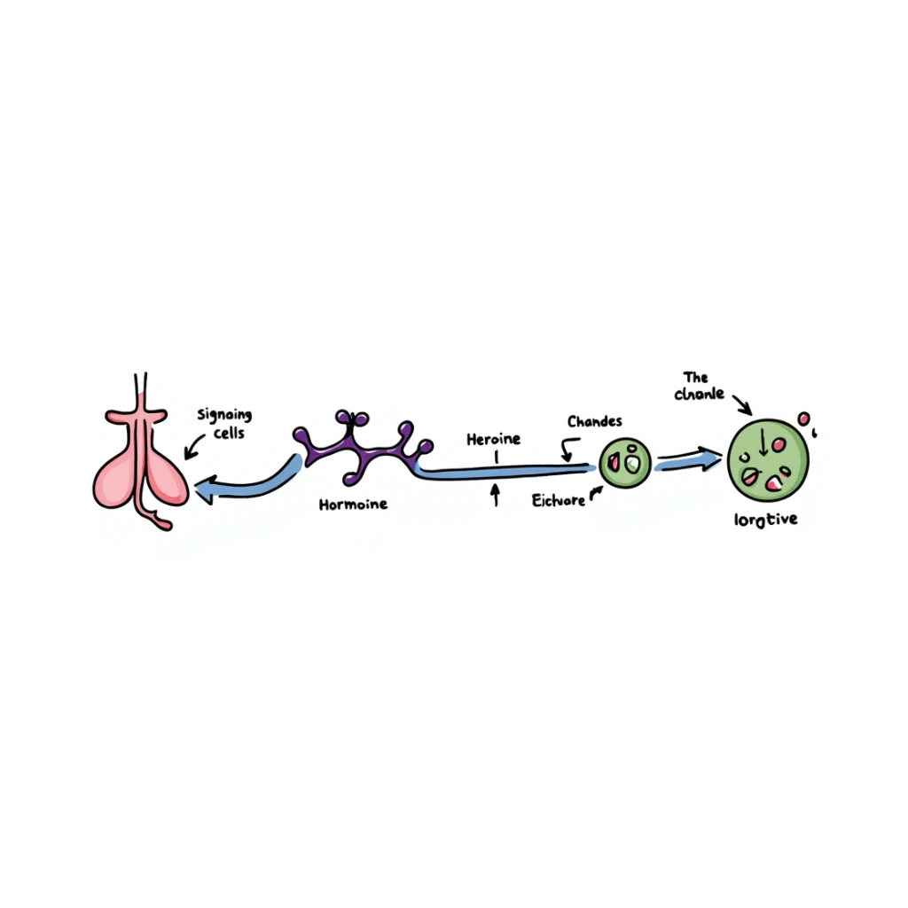 Hormone pathway illustration: pink endocrine gland releasing purple hormone molecules traveling through blue bloodstream to reach green target cells. Hand-drawn diagram showing molecular binding and resulting cellular changes with labeled parts and colorful signaling cascade. sticker
