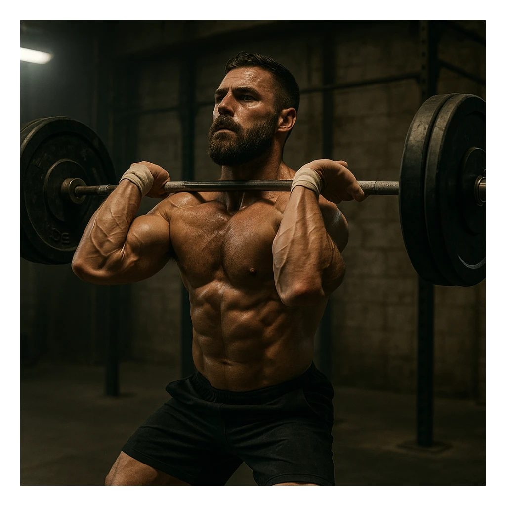 realistic 4K image of a CrossFit athlete training, weightlifting scene, muscular details, dramatic lighting, industrial gym background, powerful atmosphere sticker