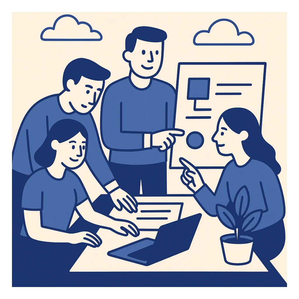 team building, people collaborating on a project, modern office setting, flat blue illustration sticker