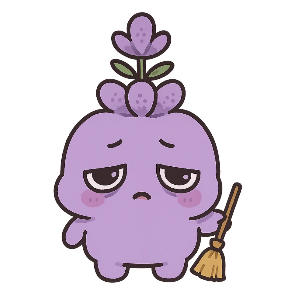 kawaii chibi style chubby lavender flower character, lavender color, droopy eyes, tired face, holding a tiny broom, full-body sticker