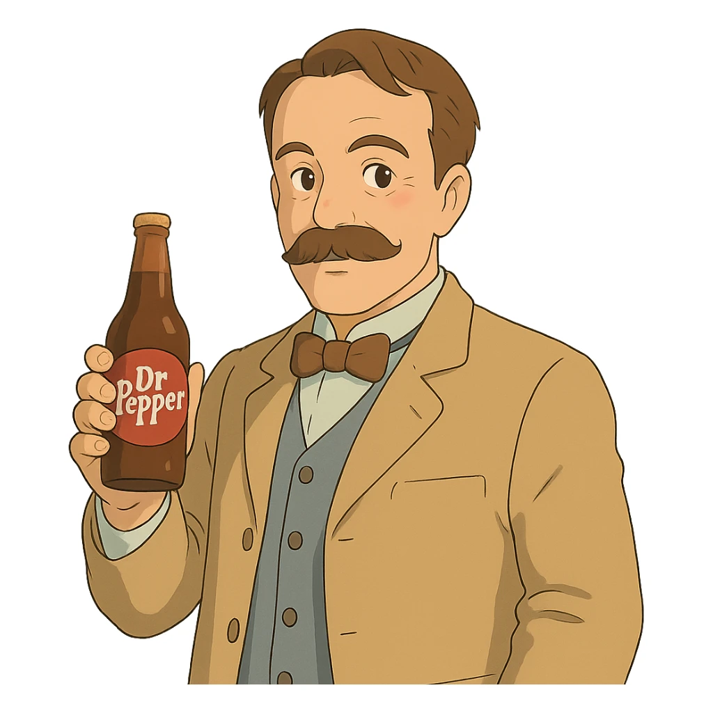 Charles Alderton holding a Dr Pepper in ghibli style sticker