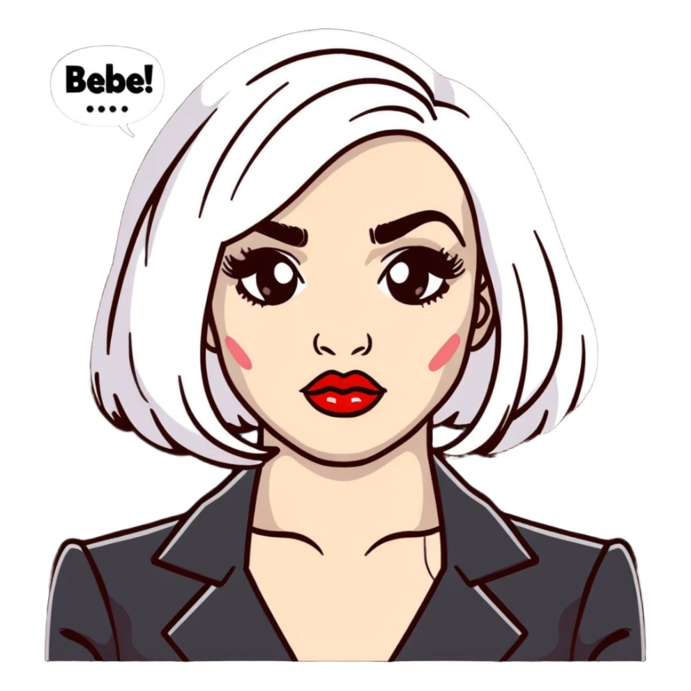 Moira Rose from Schitt's Creek saying "bébé" with dramatic facial expression, bold red lips, and black and white wig sticker