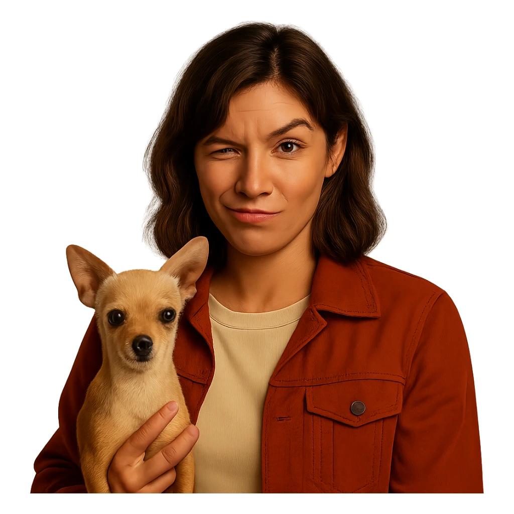 Recreate the image featuring a woman with a tanned complexion, subtle freckles, wearing a shirt in color #FFF8CA and a rust-colored jacket. She has medium-length brown hair with auburn highlights, a rebellious and playful expression, holding a beige-brown chihuahua. The style should resemble a Netflix series look with a transparent background. sticker