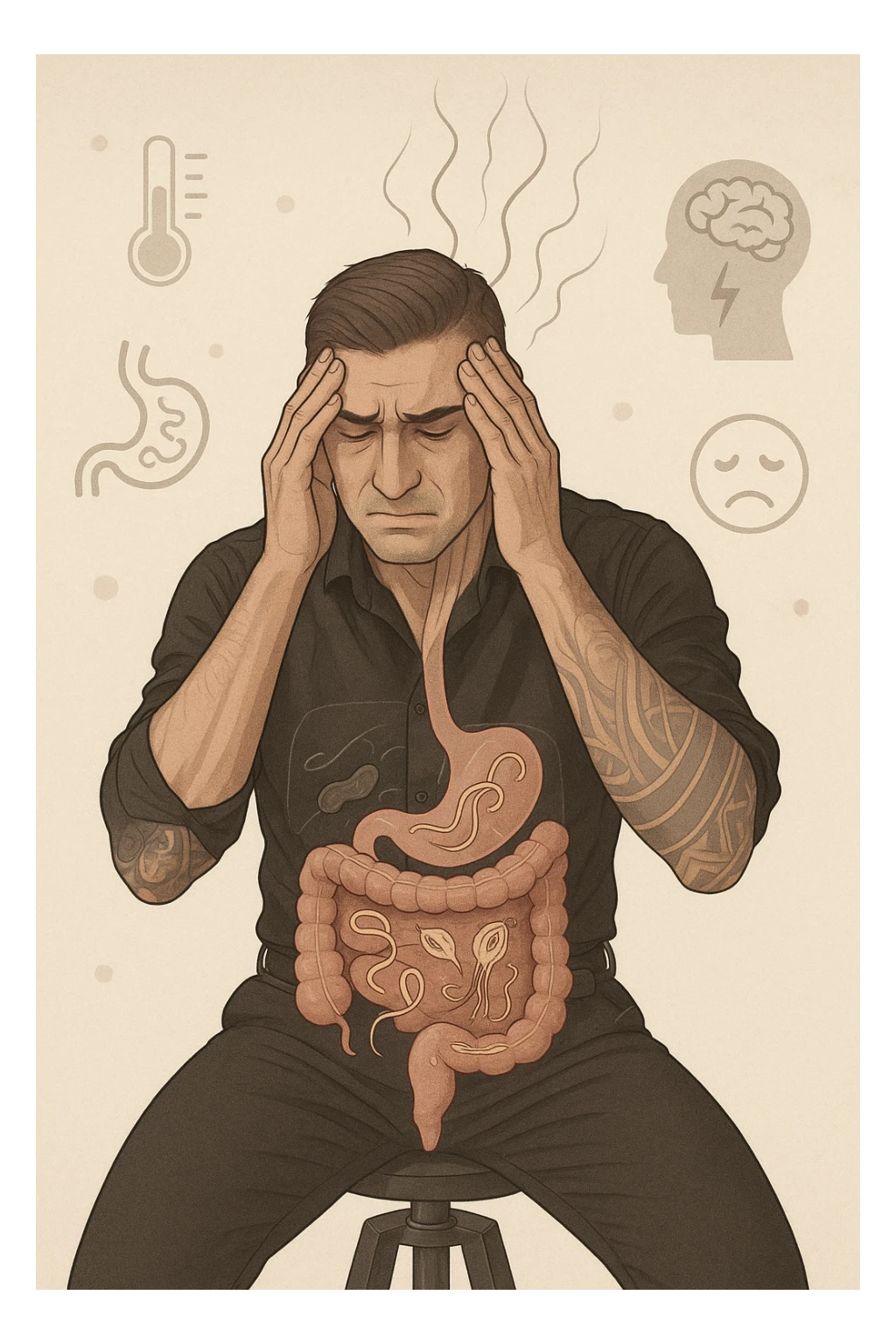 a person sits with a troubled expression, holding their head in their hands. A transparent overlay on their body reveals stylized images of parasites in the digestive tract, while faint, shadowy tendrils extend upward toward the brain, symbolizing the psychological impact. The background is clinical and educational, with subtle icons representing both physical and mental symptoms. sticker