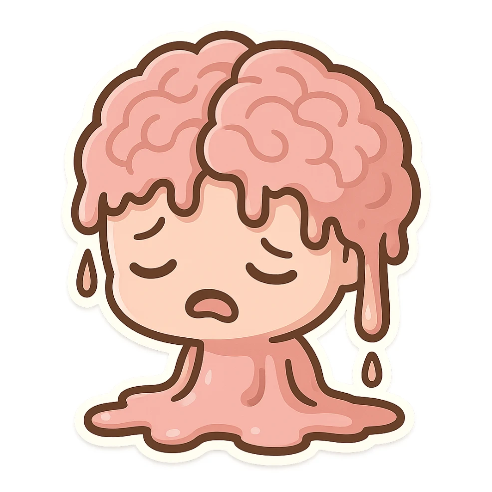 brain melting or oozing, humorous, lighthearted, cartoon style sticker