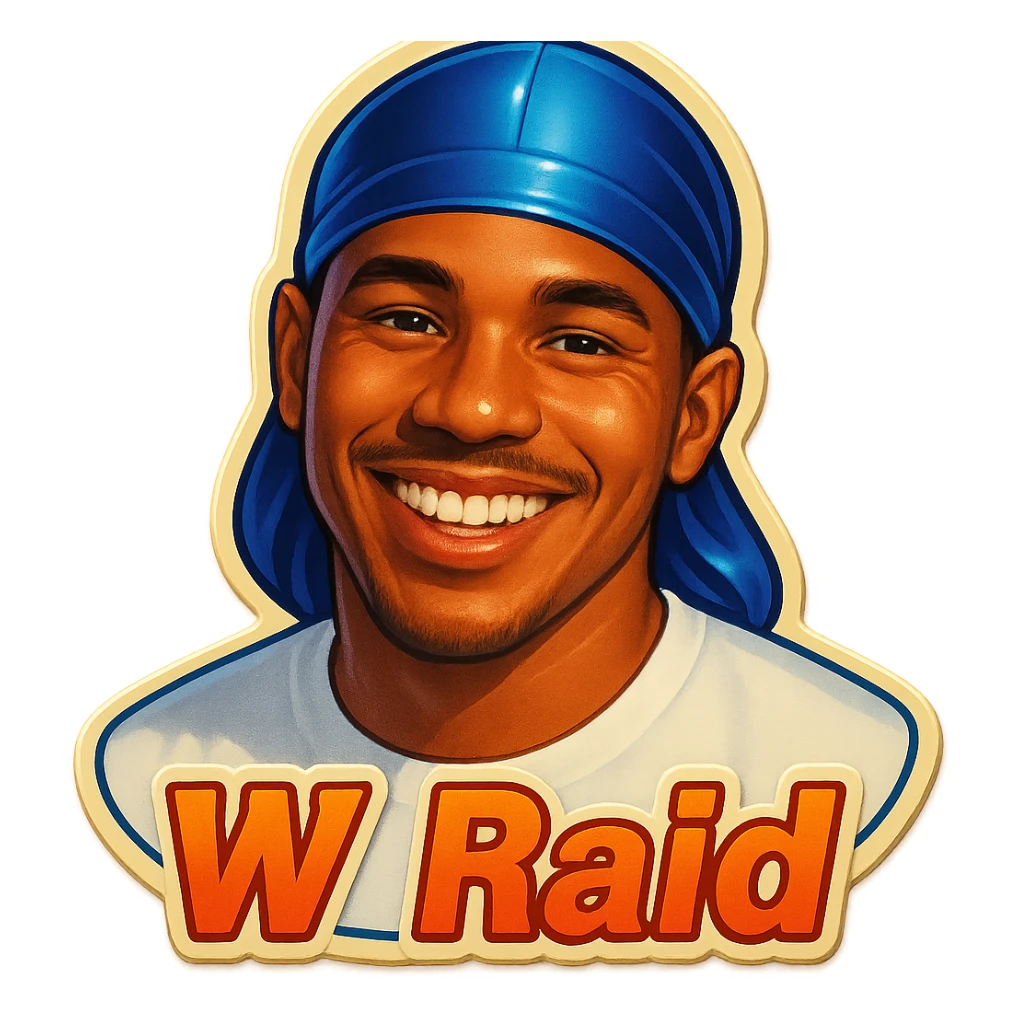 Smiling 
make his shirt white
Change His durag To BLUE
Make it say "  W Raid " sticker