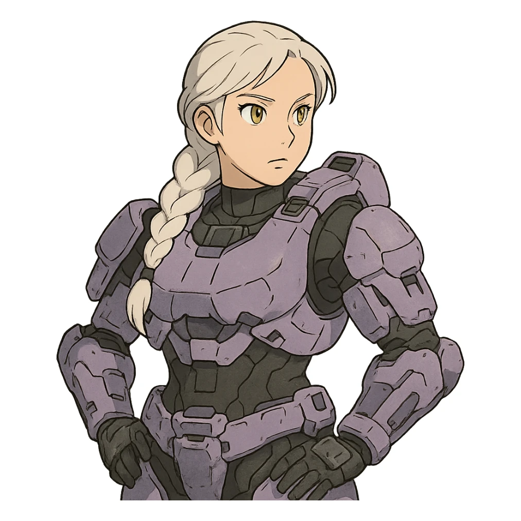 female, wearing reach spartan armor default, long white braid hair, gold yellow eyes, attention pose, halo series, no helmet, the armor is lavender color scheme, shoulder pad off. DDD bust size fitting. Punk gothic cyberpunk sticker