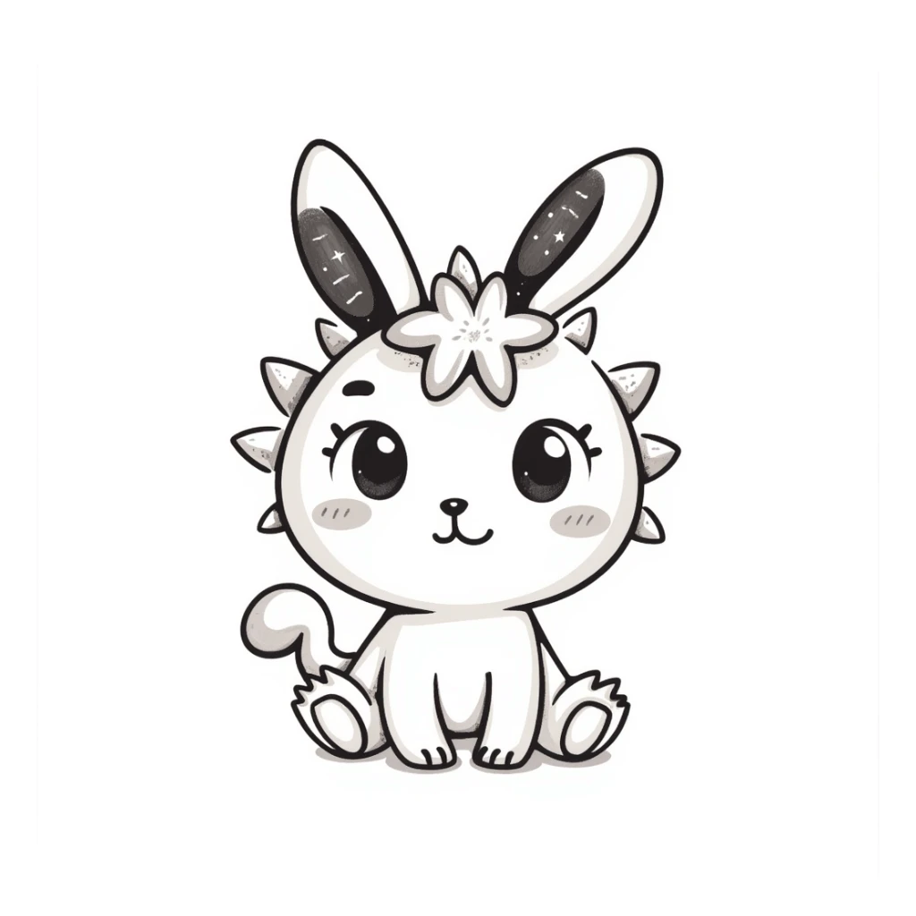 Kawaii bunny plant dragon with tiny spikes, extremely cute, VERY exaggerated proportions, oversized head, enormous sparkly eyes taking up most of the face, tiny body, stubby limbs, blushing cheeks, pastel colors, small mouth, adorable expression, colored pencil texture, visible pencil strokes sticker