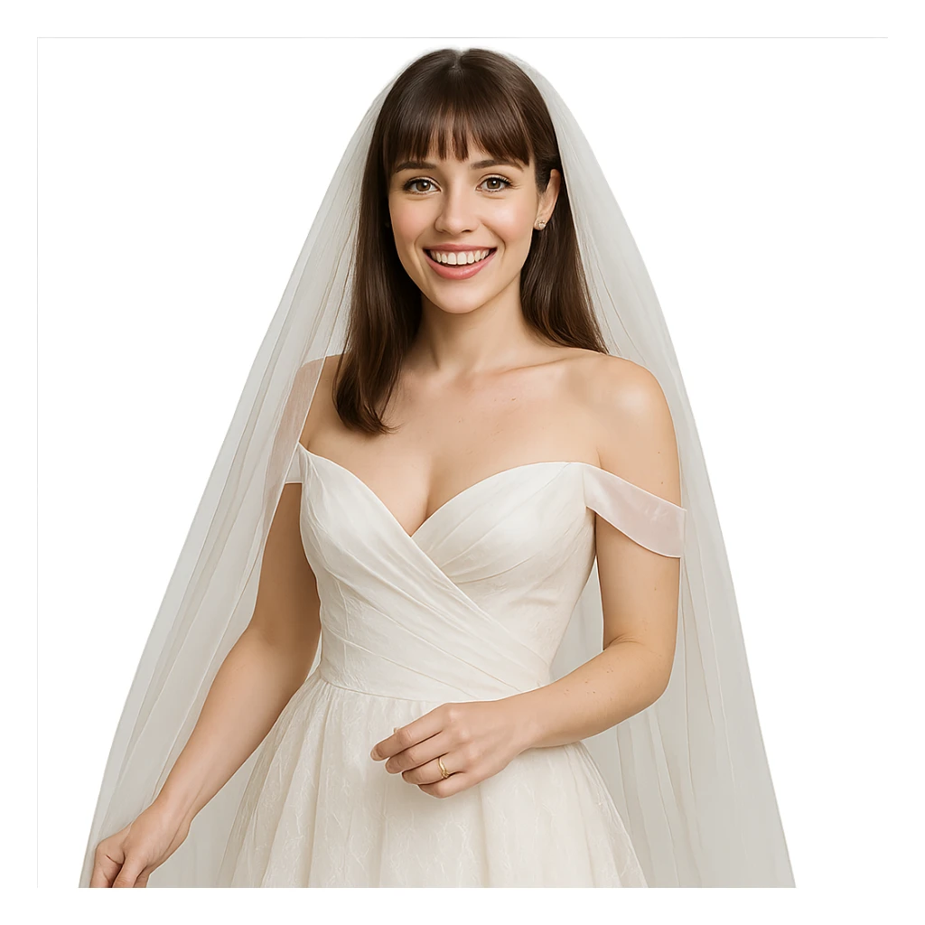bride with light skin, hazel eyes, brunette straight hair with bangs, in a wedding dress, elegant and joyful sticker