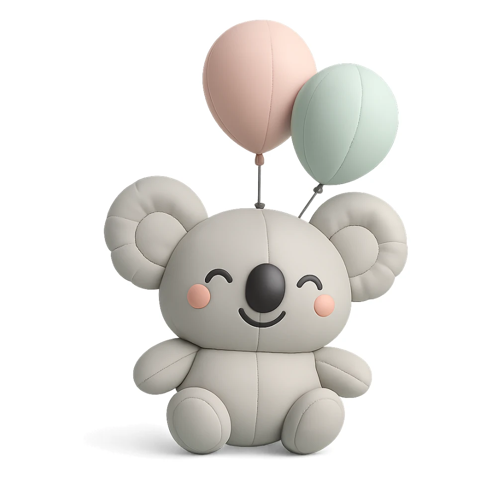 koala floating with pastel balloons, happy face, cushion style sticker