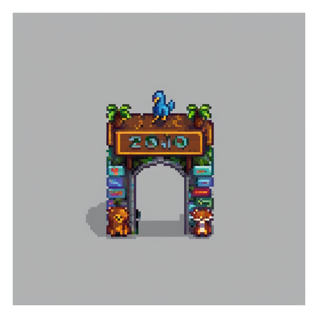 pixel art style zoo entrance sign with animals sticker