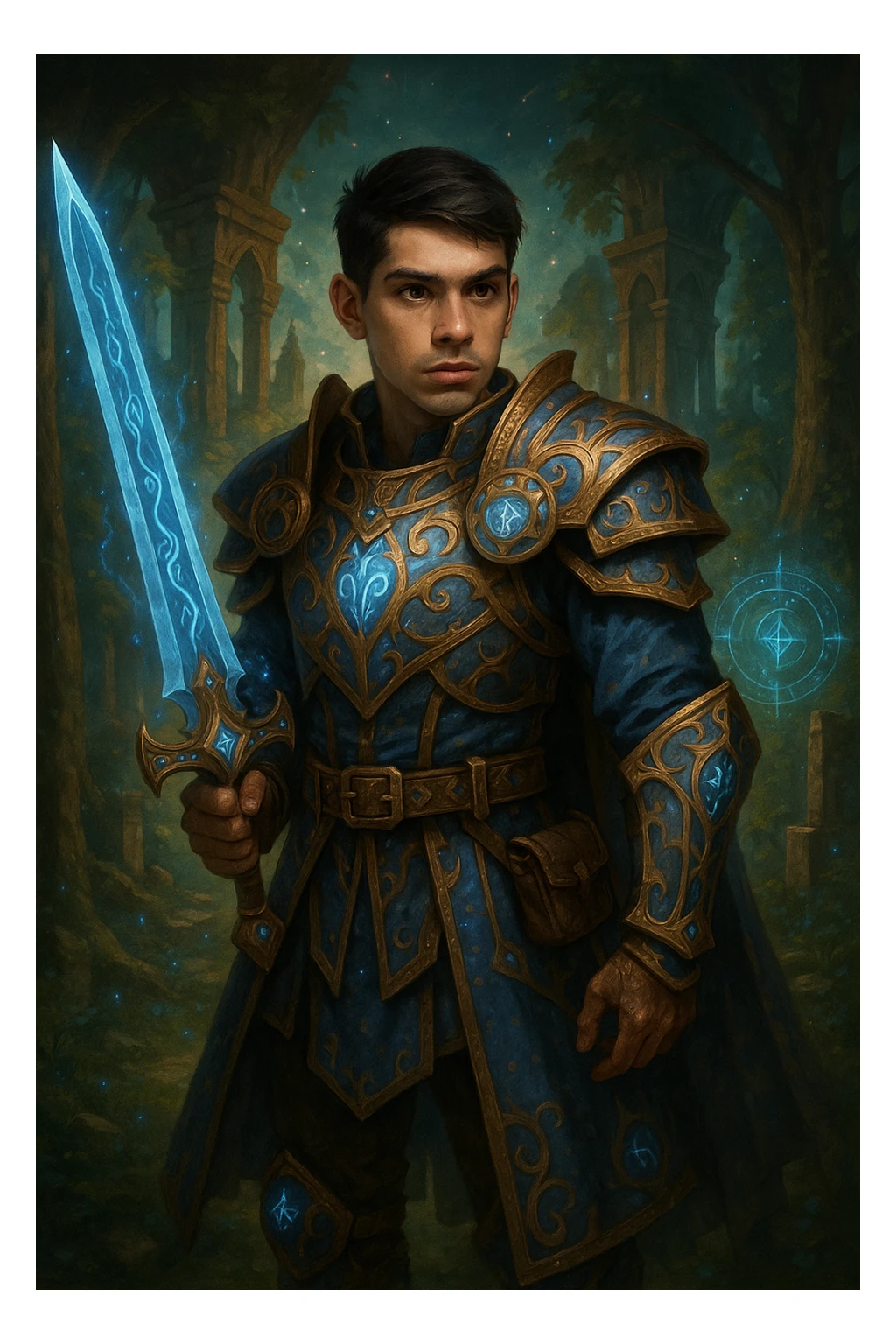 Transform the boy in the image into a fantasy system style hero. He should be wearing magical armor, wielding a sword, and set against a mystical background inspired by classic fantasy RPGs. The style should evoke the essence of traditional fantasy role-playing games with detailed, heroic, and magical elements. sticker