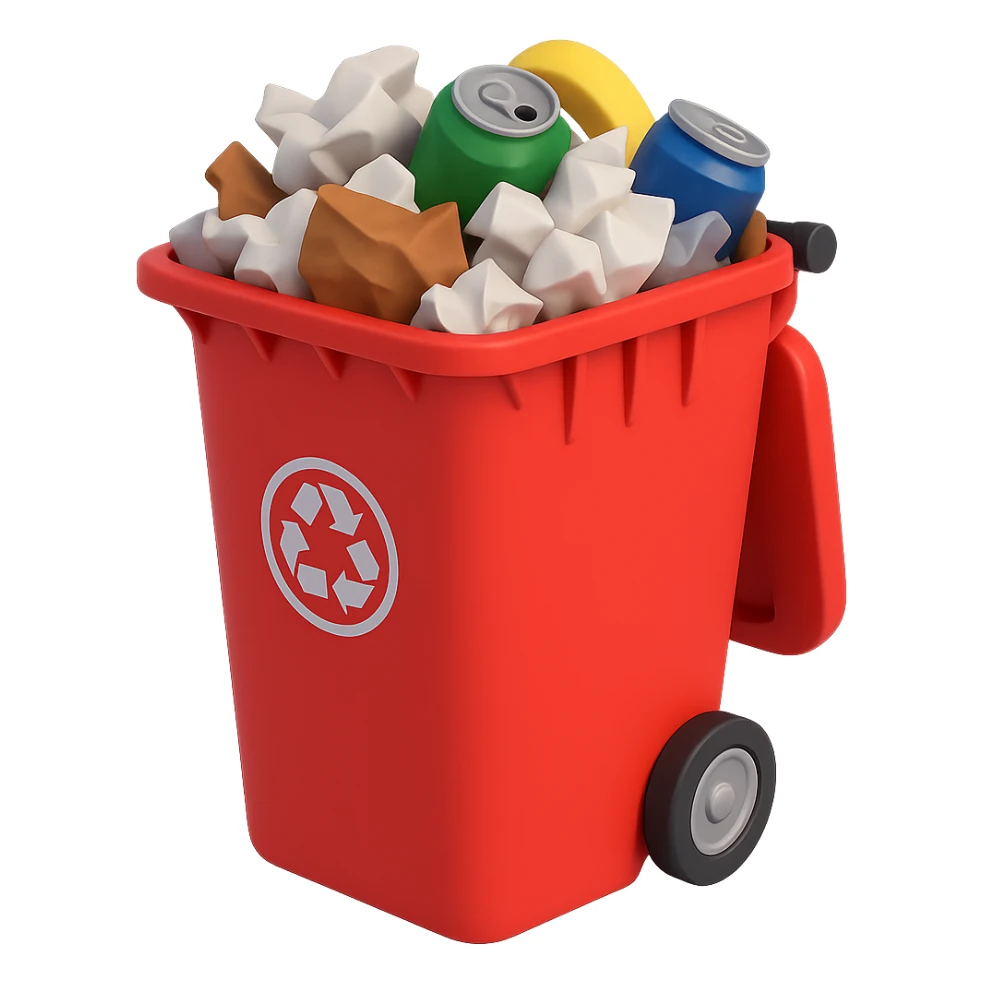 Make the red trash bin overflowing with garbage, keep the 3D emoji style, no background. sticker