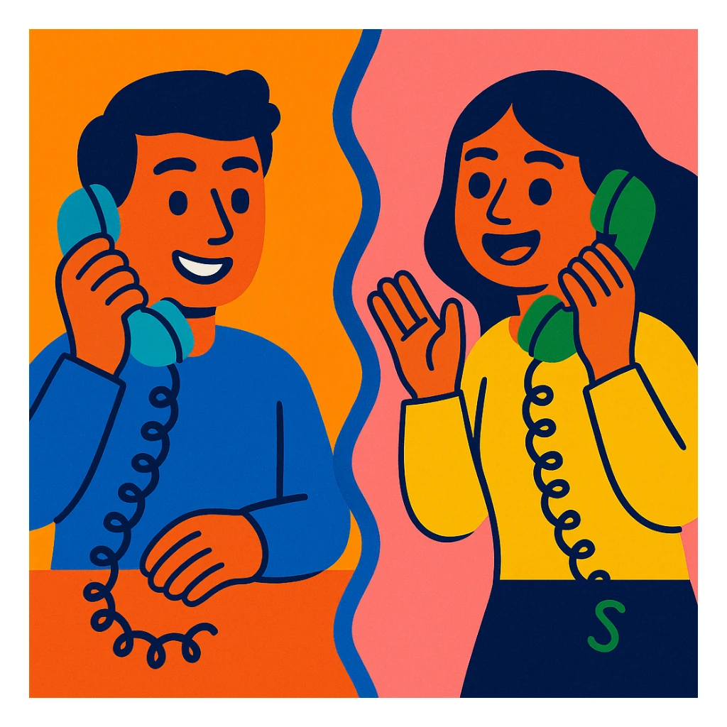 two people on a land line phone, separated by a wavy line, vibrant toon style, friendly and expressive sticker