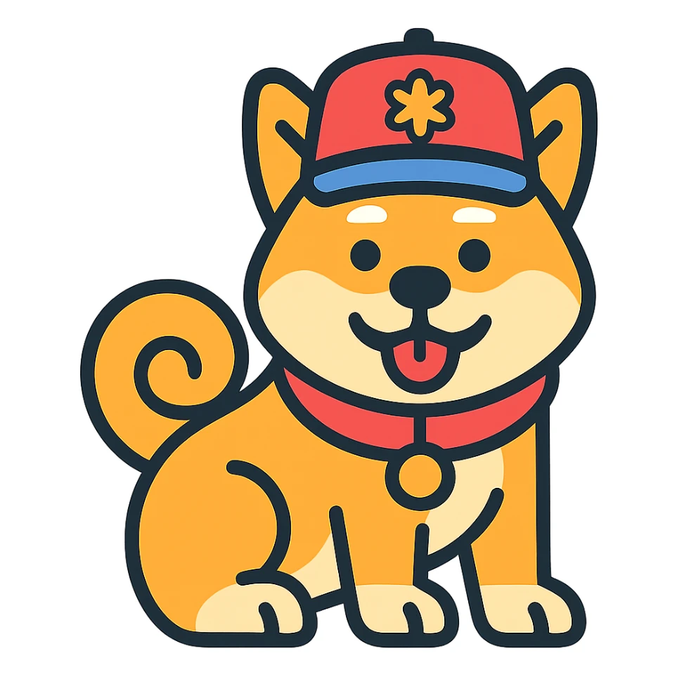 Akita Inu with a curled tail and a hat on its head, keep the current style, transparent background. sticker