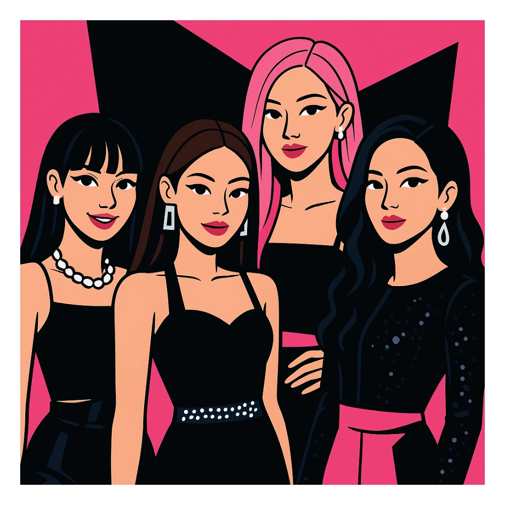 Blackpink K-pop group, pink and black color scheme, glamorous, confident expressions, stylish modern fashion sticker