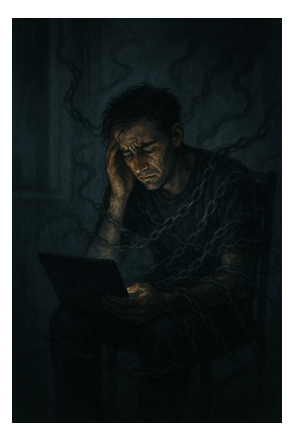 a man sits alone in a dimly lit room at night, illuminated only by the glow of a computer or phone screen. His posture is slouched, and his expression is tired and troubled. Around him, faint, ghostly chains or shadows subtly wrap around his body, symbolizing addiction and emotional distress. The background is blurred, emphasizing isolation and discomfort. in italiano sticker