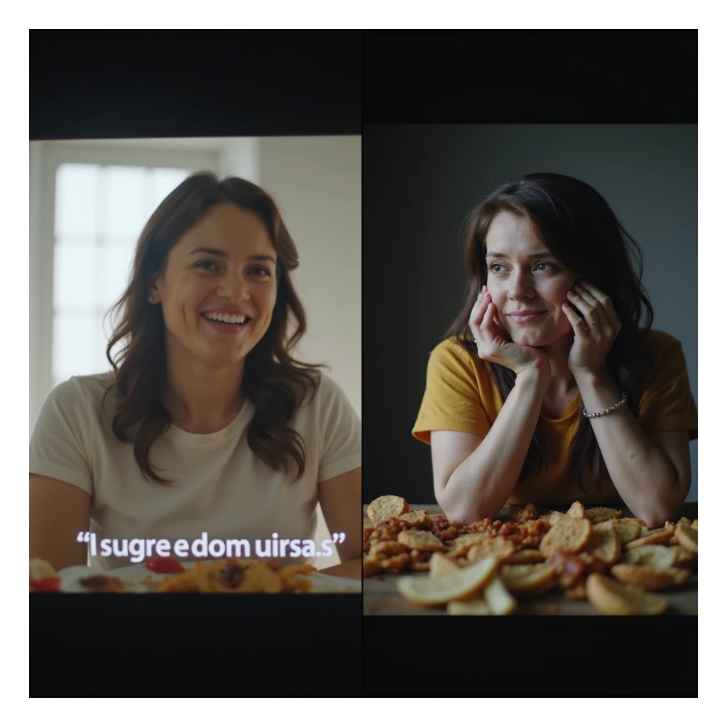 realistic split-screen scene: smiling influencers on screen saying sugar is not harmful, strong lights and bright colors; right side shows a person with a suffering expression surrounded by junk food, muted tones and shadows; contrast between appearance and truth, 4K quality sticker