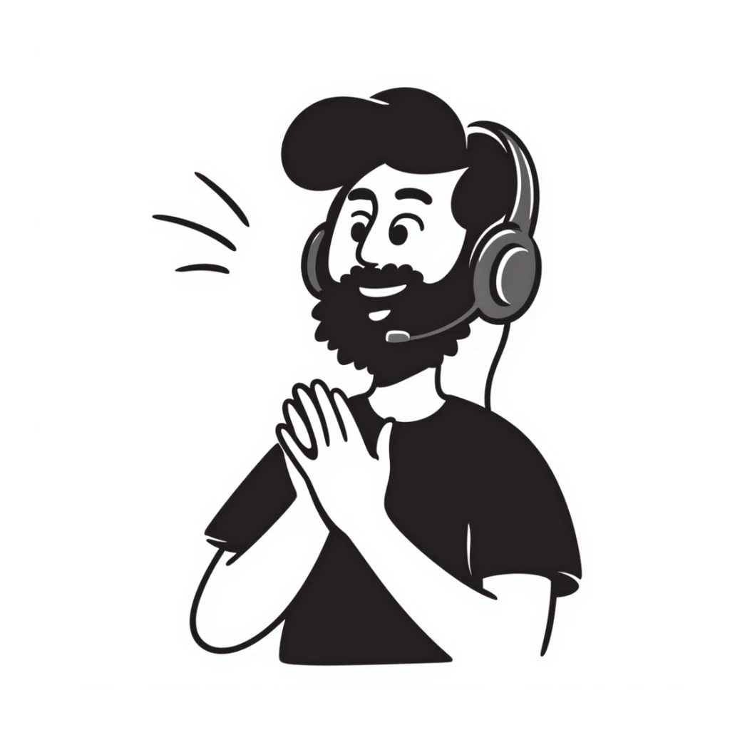 Man with black hair, brown eyes, and black beard wearing gaming headset clapping hands in celebration sticker