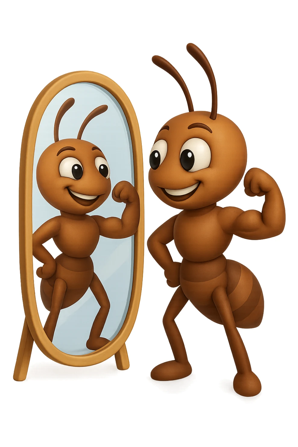 EMOJI STILE IPHONE 3D DI una formica che si guarda allo specchio felice e sicura di sè mentre contrae il suo bicipite muscoloso, fagli anche la parte bianca degli OCCHI, non solo la pupilla sticker