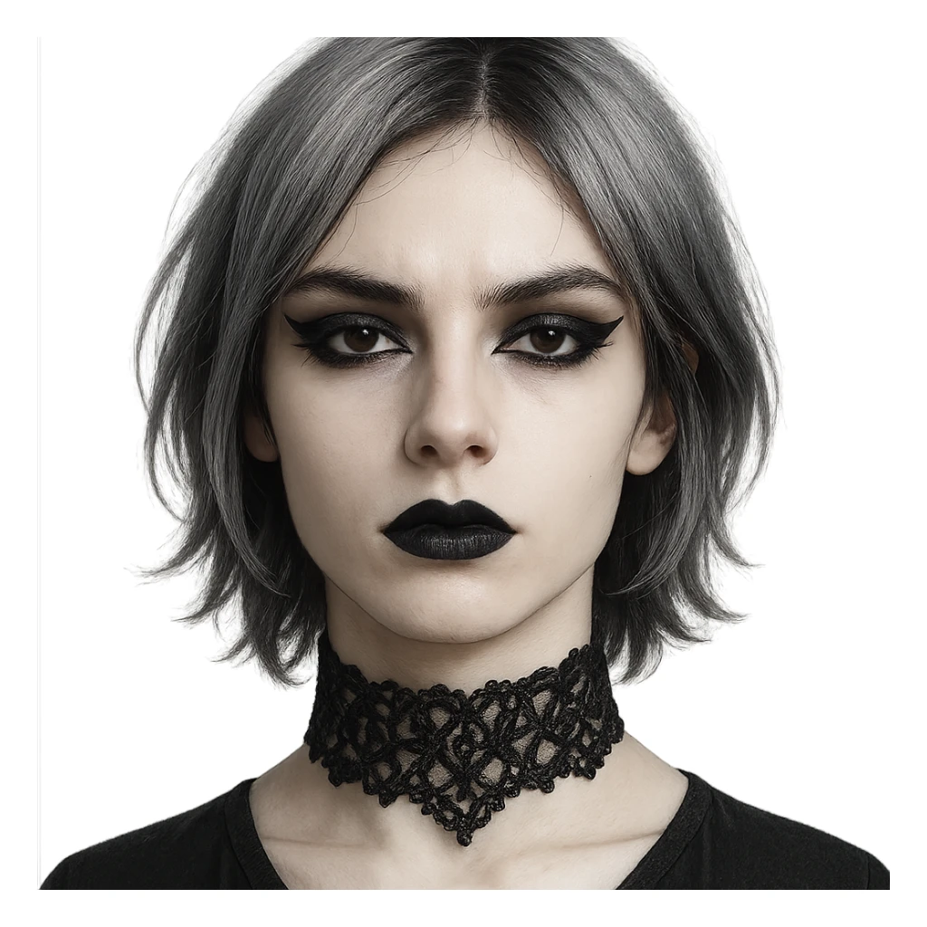 goth face, androgynous, silver hair, black lace choker, dramatic eyeliner sticker