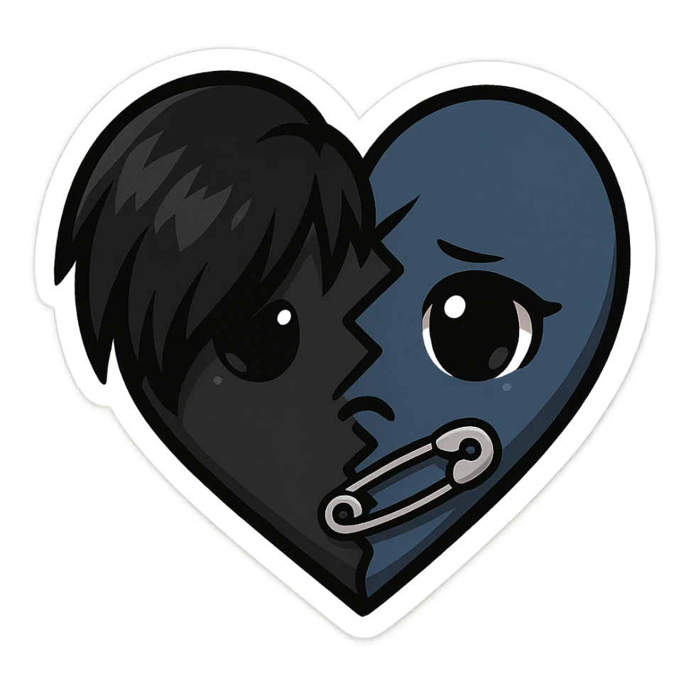 emo heart, jagged edges, black and blue, small safety pin, modern emo aesthetic, chibi style sticker
