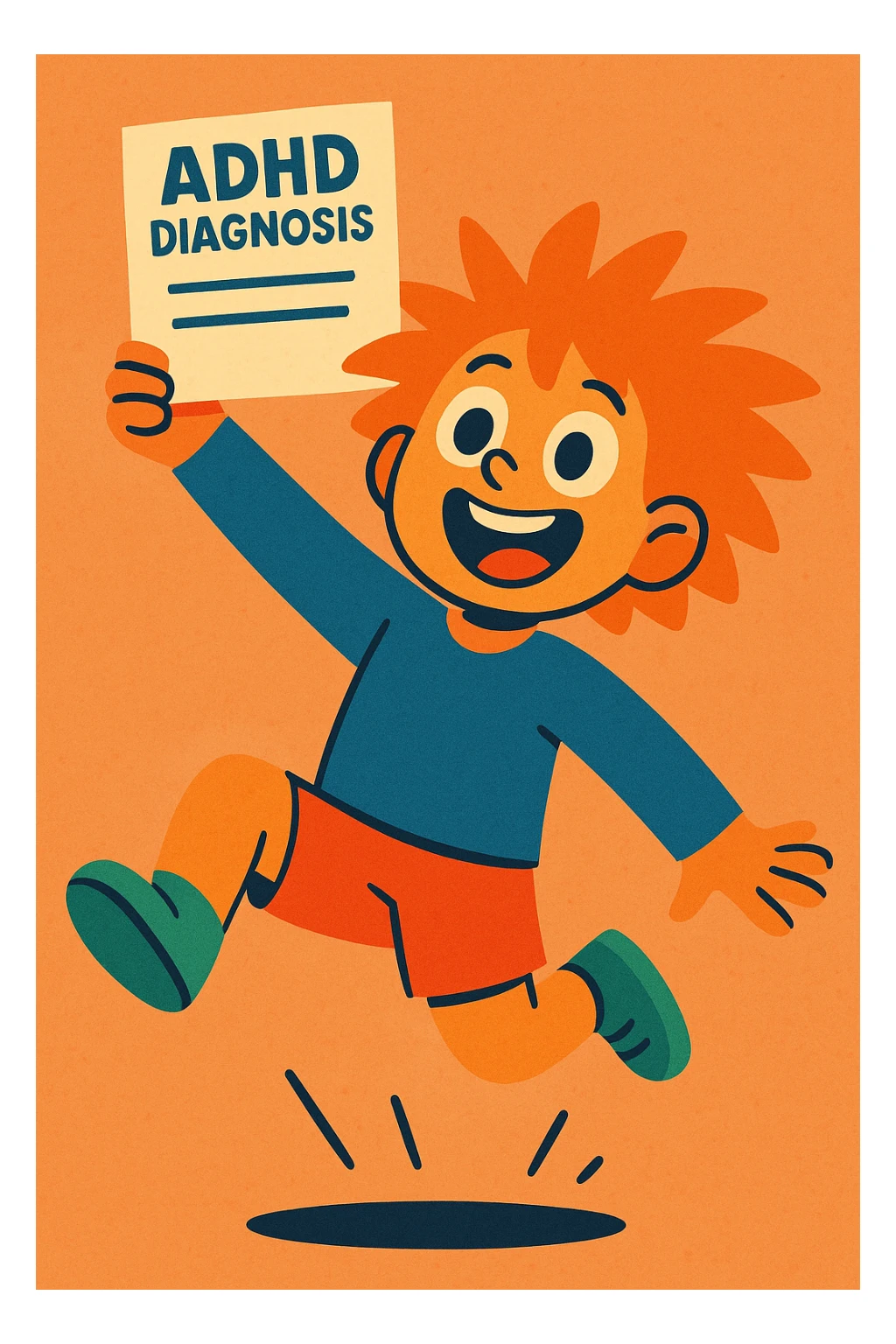 A child with wild hair and excited eyes, jumping up while holding a document that says 'ADHD Diagnosis', in a vibrant toon style sticker
