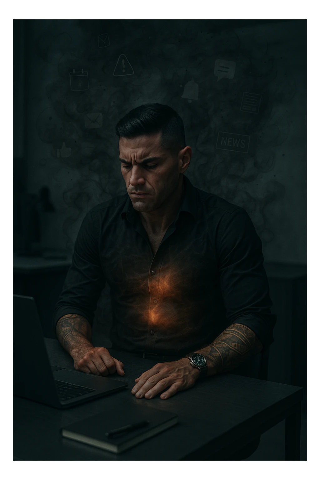 A highly realistic, cinematic image of a young man in his early 30s, sitting at a modern office desk under harsh artificial lighting, shoulders hunched, jaw clenched, and breathing shallowly, symbolizing how modern society forces people to live in a state of chronic tension and restricted breathing. Around him, faint black and grey visual elements represent notifications, deadlines, social media icons, and news alerts, swirling around his head like a chaotic storm, symbolizing societal pressure. His chest appears visually tight and compressed, and faint dark smoke emanates from his body, representing blocked breath and internalized stress. In contrast, a faint glowing light near his chest and abdomen tries to expand, symbolizing the innate desire of the body to breathe freely and deeply. The environment is cold and minimalistic, with a sense of stillness and tension, captured in a hyperrealistic 35mm film style with muted colors, focusing on the man's tense posture and restricted breathing to reflect the unseen burden of modern living. sticker