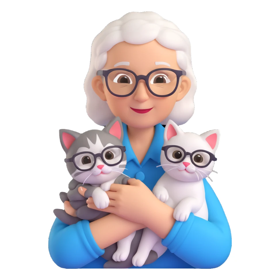 elderly woman with glasses holding a kitten sticker